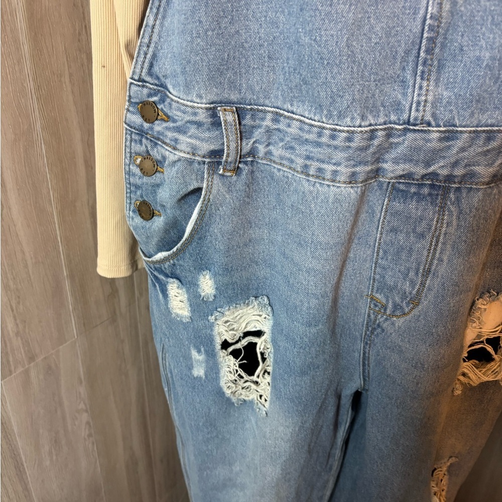 Mod Ref Blue Denim Distressed Overalls Bibs - Picture 7 of 12